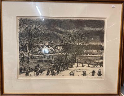 tableau représentant une scène de vie à la ferme, encadré et exposé dans un musée