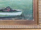a painting of a boat on the water with a red house in the background