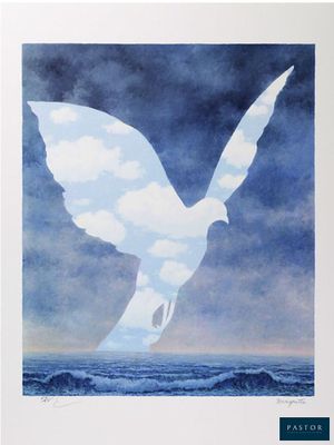 a painting of a bird flying over a body of water