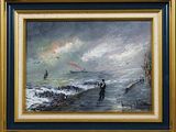 painting of a man standing on a beach next to a body of water