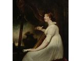 un tableau représentant une femme en robe blanche jouant de la harpe