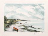 a picture of a painting of a boat on the water
