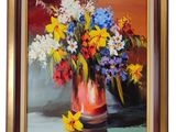 painting of a vase of flowers on a table with a red background