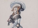 dessin représentant une femme vêtue d'une robe bleue, coiffée d'un chapeau et tenant une canne