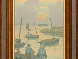 an image of a painting of two people sitting on a dock