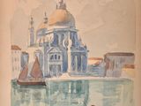 painting of a gondola in front of a building with a boat in the water