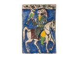 tableau représentant un homme à cheval avec un oiseau sur l'épaule