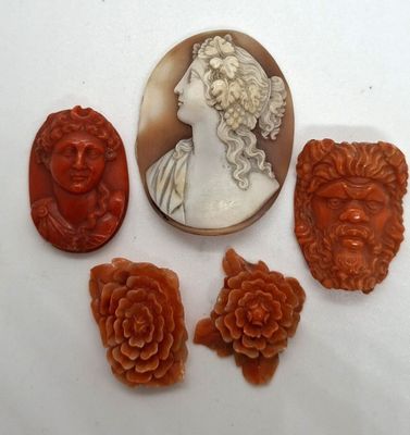 quatre camées sculptés représentant des femmes et des fleurs sont exposés sur un fond blanc