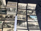 several old black and white photographs of a train station and buildings