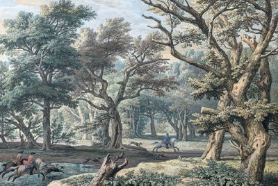 un tableau représentant des personnes à cheval dans une zone boisée