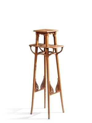 a tall wooden stool with a shelf on top of it