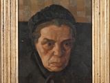 portrait of an old woman in a black bonnet and a brown coat