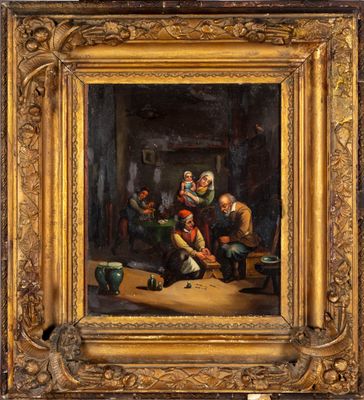 une peinture représentant un groupe de personnes assises autour d'une table