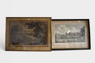 two framed prints of a castle and a river