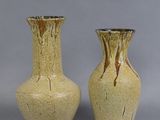 une paire de vases jaunes posés sur une surface grise, avec un arrière-plan gris
