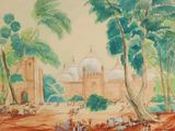 an image of a painting of a large building in the middle of a forest