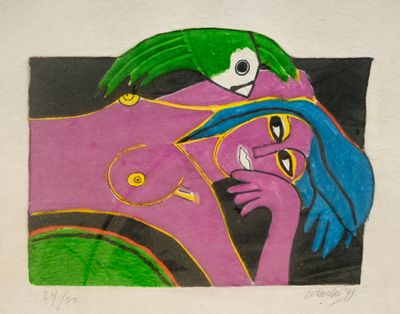 tableau représentant une femme avec un perroquet sur la tête et un oiseau sur l'épaule