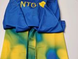 a close up of a pair of yellow and blue shorts