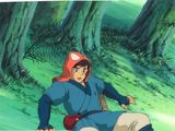 une image représentant un personnage de dessin animé assis par terre devant une forêt