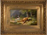 une peinture à l'huile représentant deux chiens poursuivant une vache dans une zone boisée