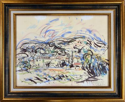 une image d'un tableau représentant un paysage dans un cadre doré