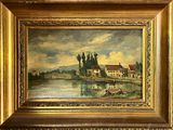 tableau représentant une scène fluviale avec une maison et un bateau au premier plan