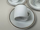 three cups and saucers sitting on a table