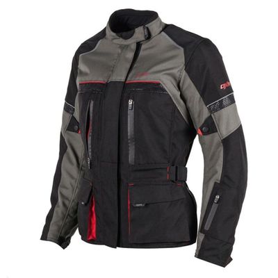 a black and grey motorcycle jacket with red accents