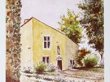 a painting of a yellow house in the middle of a garden