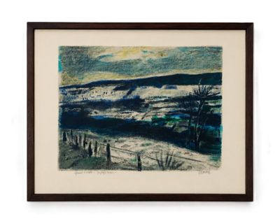 peinture représentant un paysage avec une clôture au premier plan et un ciel bleu en arrière-plan