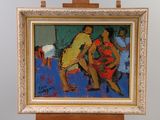 painting on easel of a painting of two people in a room