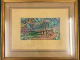 painting of deers in a tropical setting by a river
