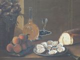 painting of a still life of oysters, peaches, and bread on a table