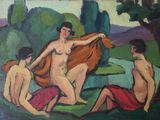 a painting of three nudes sitting in the grass