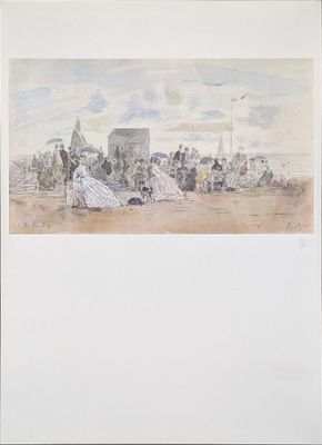 une image d'un tableau représentant un groupe de personnes sur une plage