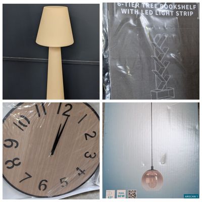 un collage de photos avec une horloge et une lampe