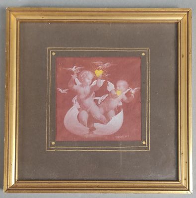 tableau représentant deux chérensils, dans un cadre doré sur fond rouge