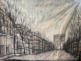 dessin représentant une scène de rue avec des bâtiments et des arbres en arrière-plan