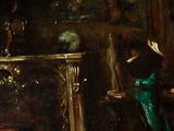 a painting of a woman in a green dress sitting at a table