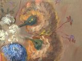 a painting of flowers and fruit in a vase on a table