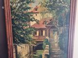an oil painting of a house by a river with a bridge in the foreground