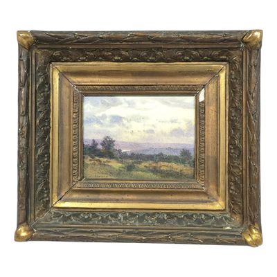 an oil painting of a landscape with trees and clouds in a gold frame