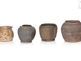 Plusieurs vases sont alignés sur une surface blanche