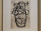 une peinture abstraite composée de lignes noires et blanches sur fond blanc