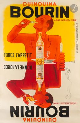 an old poster of a man sitting on a chair holding a bottle of liquor
