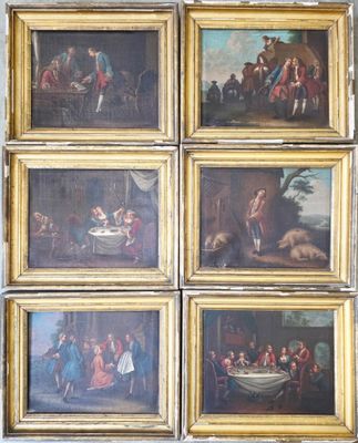 six framed paintings of a family gathering in a wooded setting