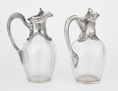 pair of silver plated glass vases with handles and handles