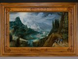 an image of a painting of a mountain landscape with a man and a dog