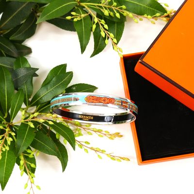 two bracelets sitting in a box next to a plant