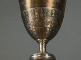 a silver cup that is sitting on top of a table